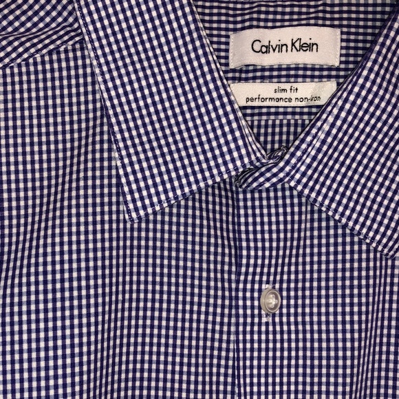 Calvin Klein Navy Check Dress Shirt, 17 Slim - Picture 3 of 5